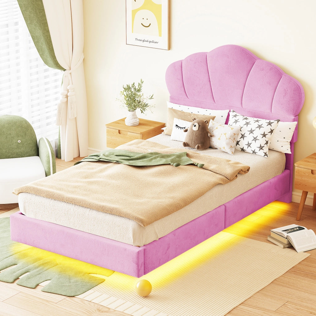 Letto imbottito per bambini con testiera a nuvola e LED, 90x200 cm, rosa