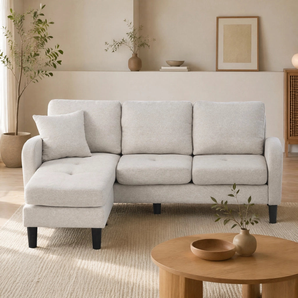 Divano ad angolo reversibile 3 posti con chaise longue modulare in tessuto Beige Grigio e Bianco 166 × 118 × 77 cm