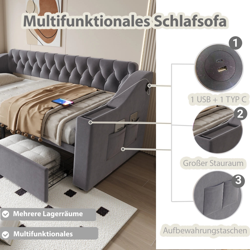 LETTO divano imbottito 90x190 cm in velluto grigio con cassetti contenitore