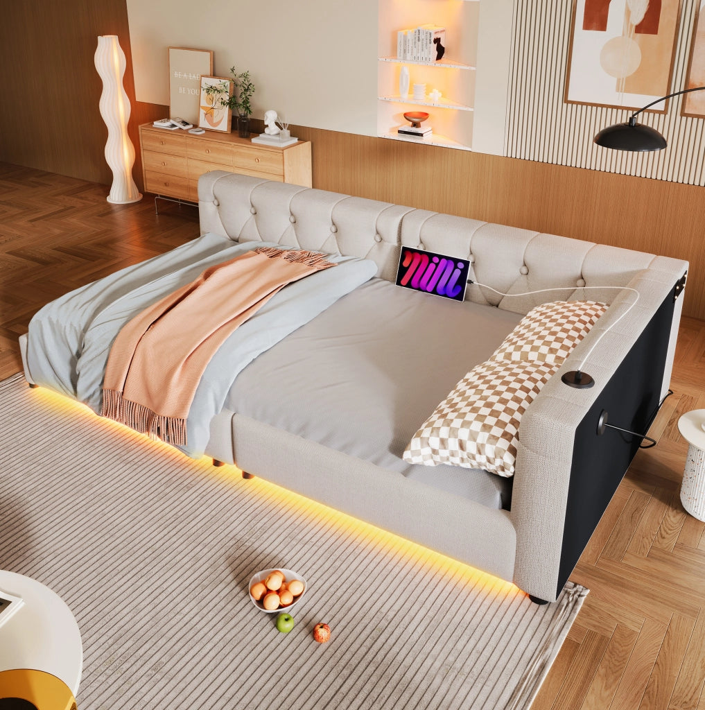 Letto daybed 90x200 cm con luci LED e USB Type-C in lino beige