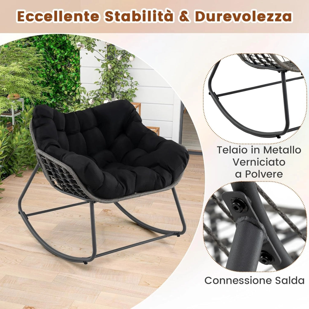 Sedia a Dondolo da Esterno, Poltrona in PE Vimini con Cuscino Rimovibile, Poltrona Relax in Rattan con Struttura in Metallo, per Soggiorno, Balcone, Giardino, Portata 150 kg (Nero)
