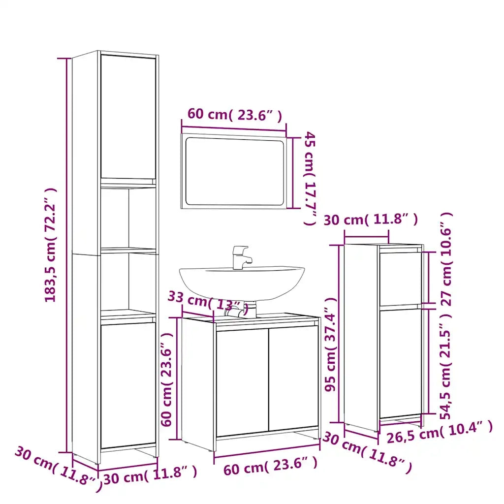 Set Mobili da Bagno | Armadio da bagno 4 pz Rovere Fumo in Legno Multistrato