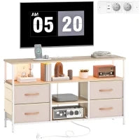 Mobile TV con Luce LED e Prese Porte USB Ripiani Aperti 4 Cassetti pieghevoli 120x30x67,5 cm Beige e Bianco