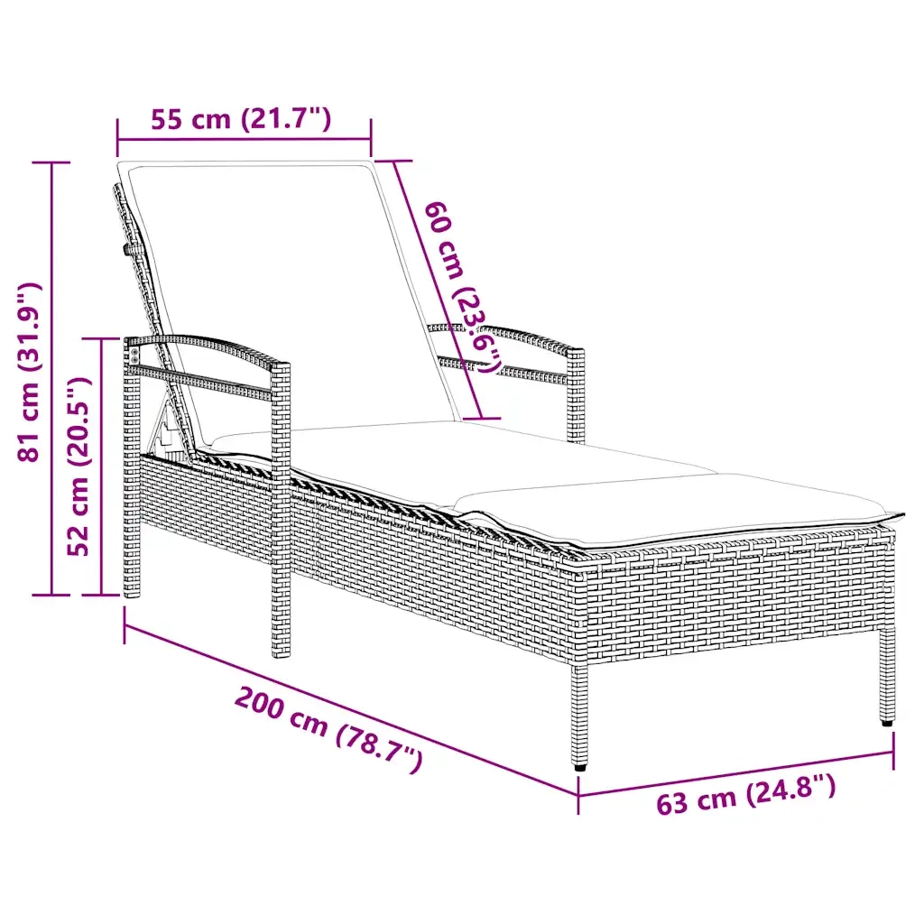 | Lettino da sole | con cuscino Grigio 63 x 200 x 81 cm polyrattan 368305