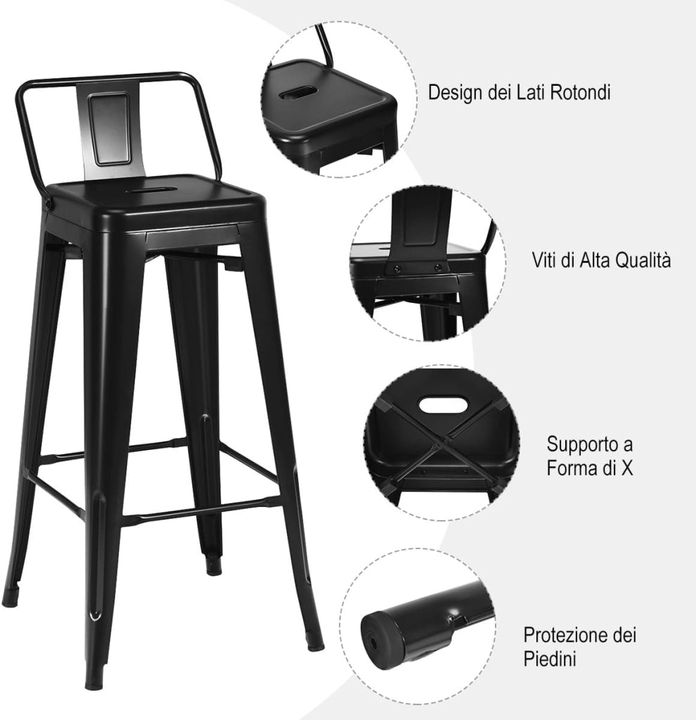 Set di 4 Sgabelli da Bar con Schienale da 94 cm, Sgabelli in Metallo Impilabili con Poggiapiedi per Cucina, Sala da Pranzo e Bar (Nero)