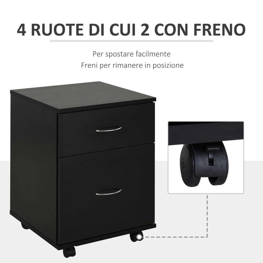 Cassettiera Ufficio e Casa 2 Cassetti e Ruote con Freno in Legno Nero
