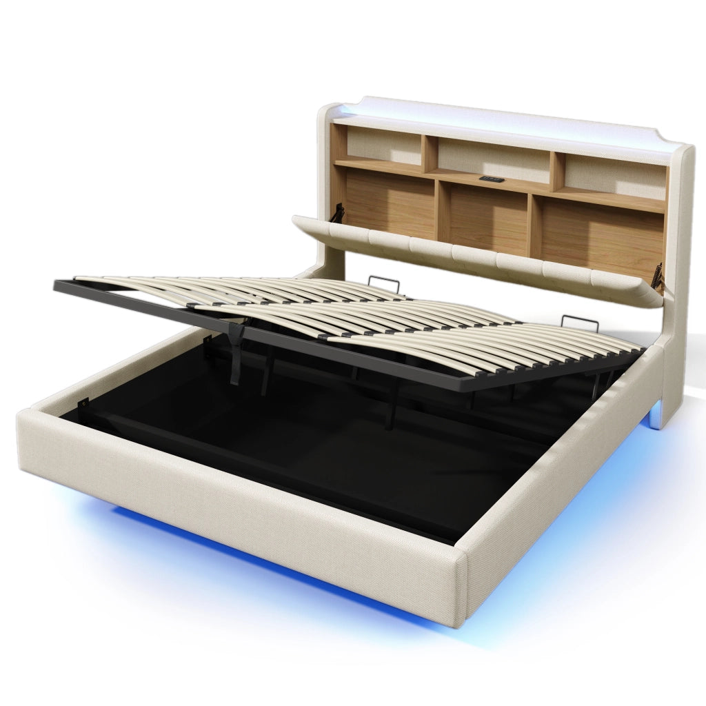 Letto matrimoniale imbottito 180x200 beige con contenitore idraulico; LED multicolore e design sospeso