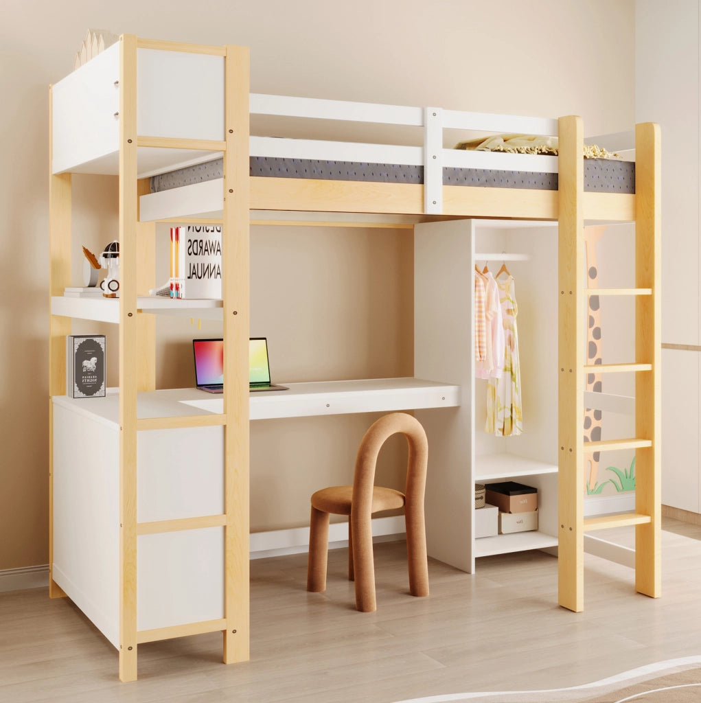 Letto a soppalco 90x200 cm con scrivania, scaffali e armadio