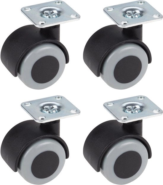 Set di ruote per pavimento in legno, 4 pezzi, ruote per contenitore, 40 mm x 50 mm, carico 90 kg, piatto 38 mm x 38 mm, plastica