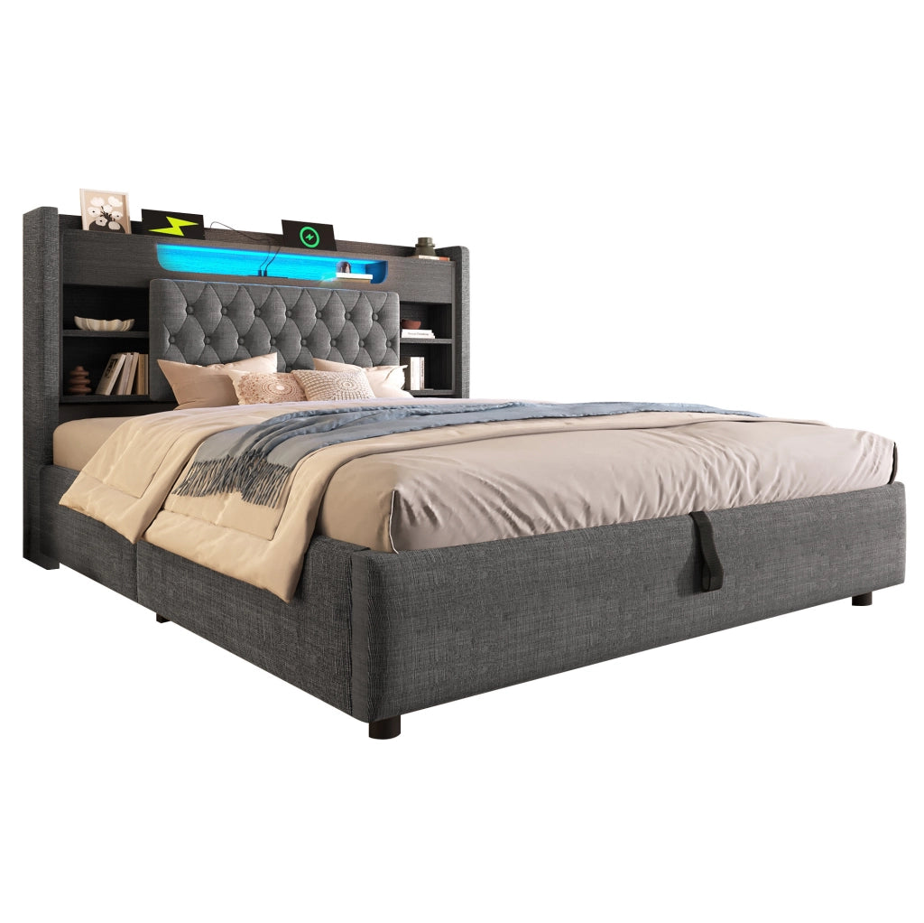 Letto contenitore 140x190 cm con LED, USB e testiera con ripiani