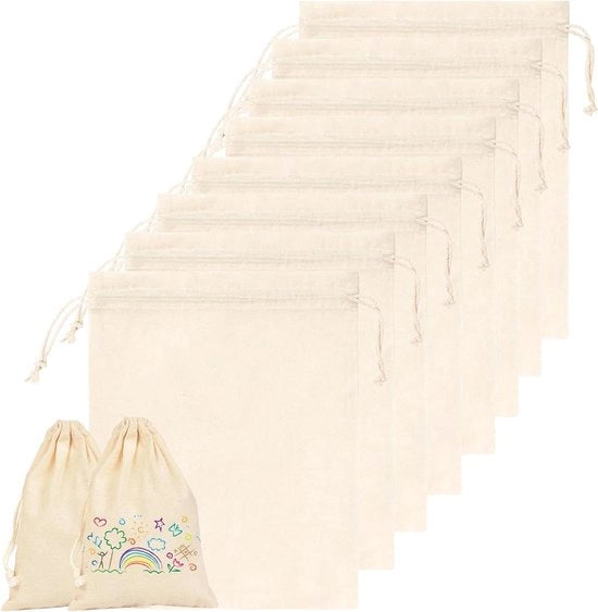 Set di 8 sacchetti in cotone con cordino per bambini, compleanno, matrimonio, Pasqua.