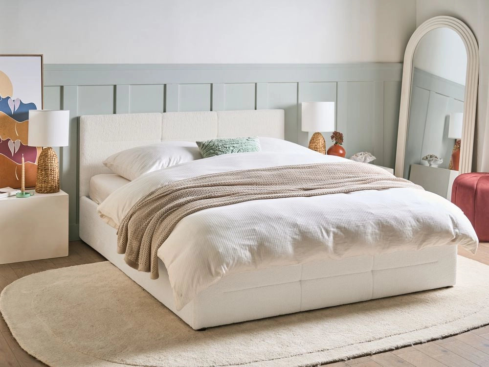 Letto ottomano bianco sporco bouclé 160x200 cm con testiera sollevabile e base a doghe Design moderno