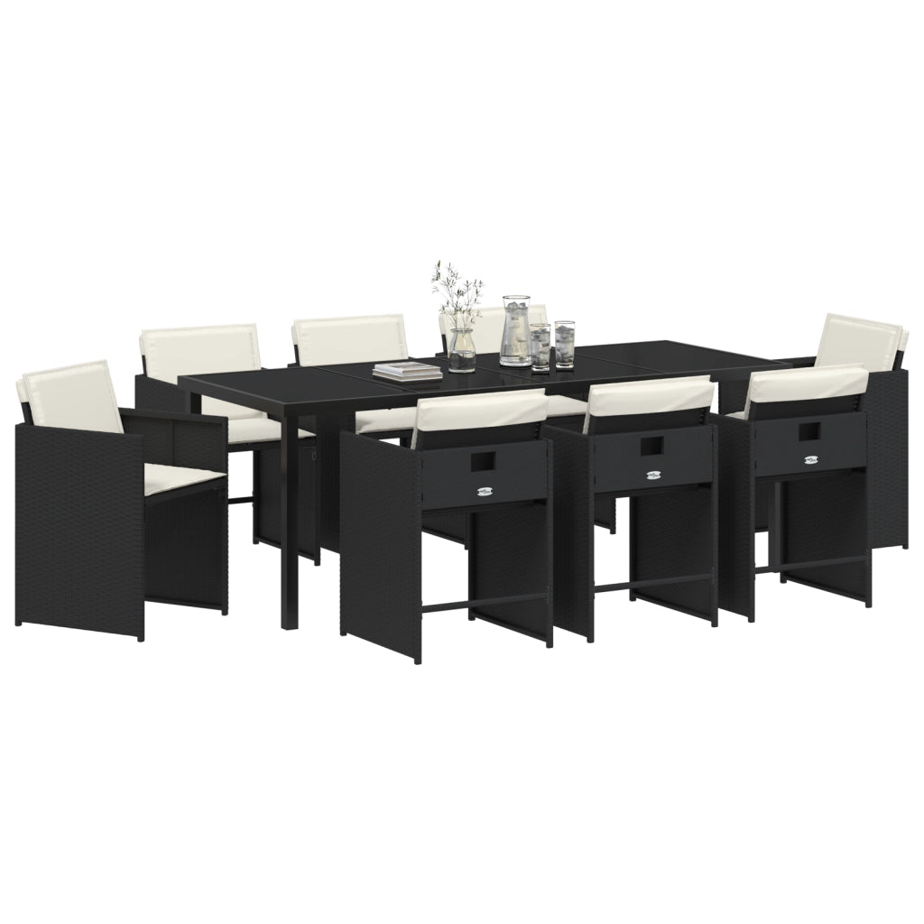 Set da Pranzo Giardino 9 Pezzi con Cuscini Rattan PE Nero