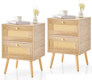 Comodino, Tavolo da Notte con 2 Cassetti Scorrevoli e Decorazione Rustica in Rattan, Piano Spazioso, Bottoni Dorati Eleganti e Cuscinetti di Protezione per Piedi, Naturale (2)