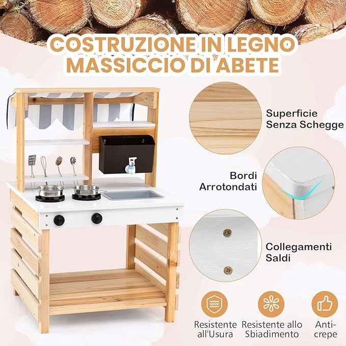 Cucina Giochi in Legno a Doppia Faccia, Cucina Giocattolo con Fornelli, Lavandino, Vaschetta per l'Acqua, Rubinetto, Set di Cucina per Esterni con Tetto, per Bambini dai 3+ Anni, 58 x 56 x 87