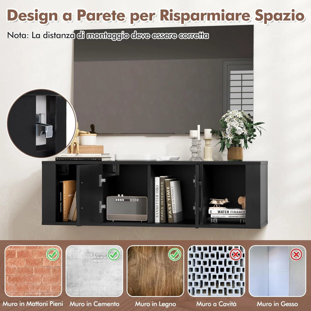 Libreria a Parete con 2 Cubi, Armadietto Sospeso a 2 Ante in Legno, Design Salvaspazio, Multiuso per Soggiorno, Studio, Cucina e Ufficio, 108 x 33 x 30,5 cm (Nero)