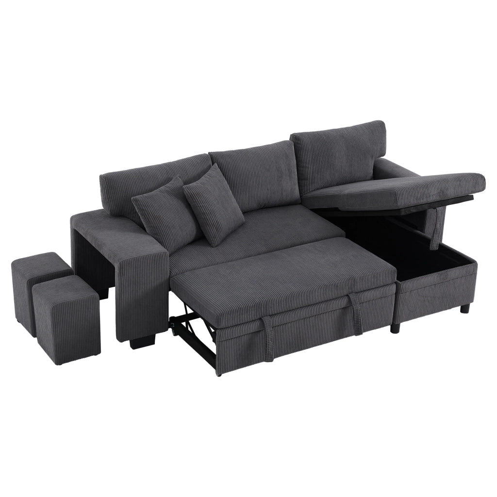 Divano Angolare Convertibile 3-4 Posti con Letto, USB e USB-C, Contenitore, Scaffale, Velluto a Coste Grigio