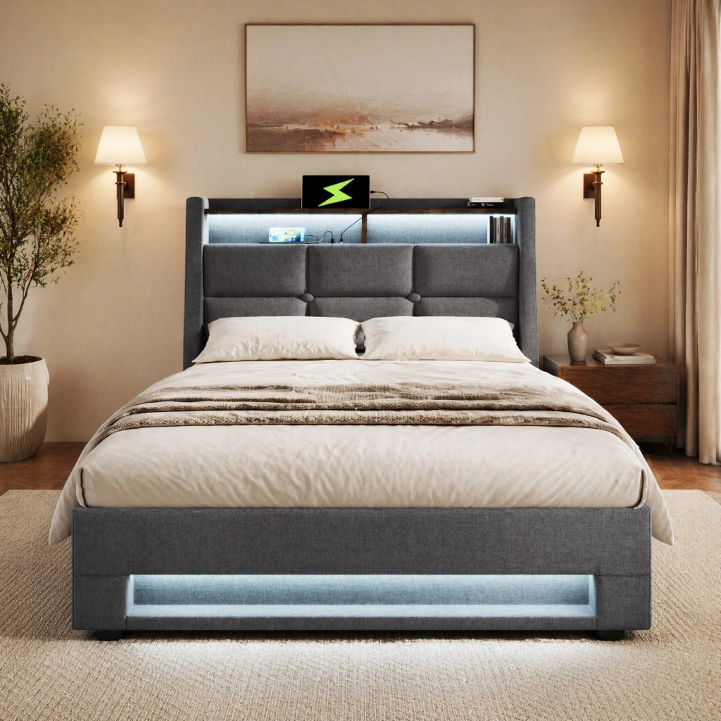LETTO Imbottito 90x200 cm con USB e LED, tessuto lino grigio