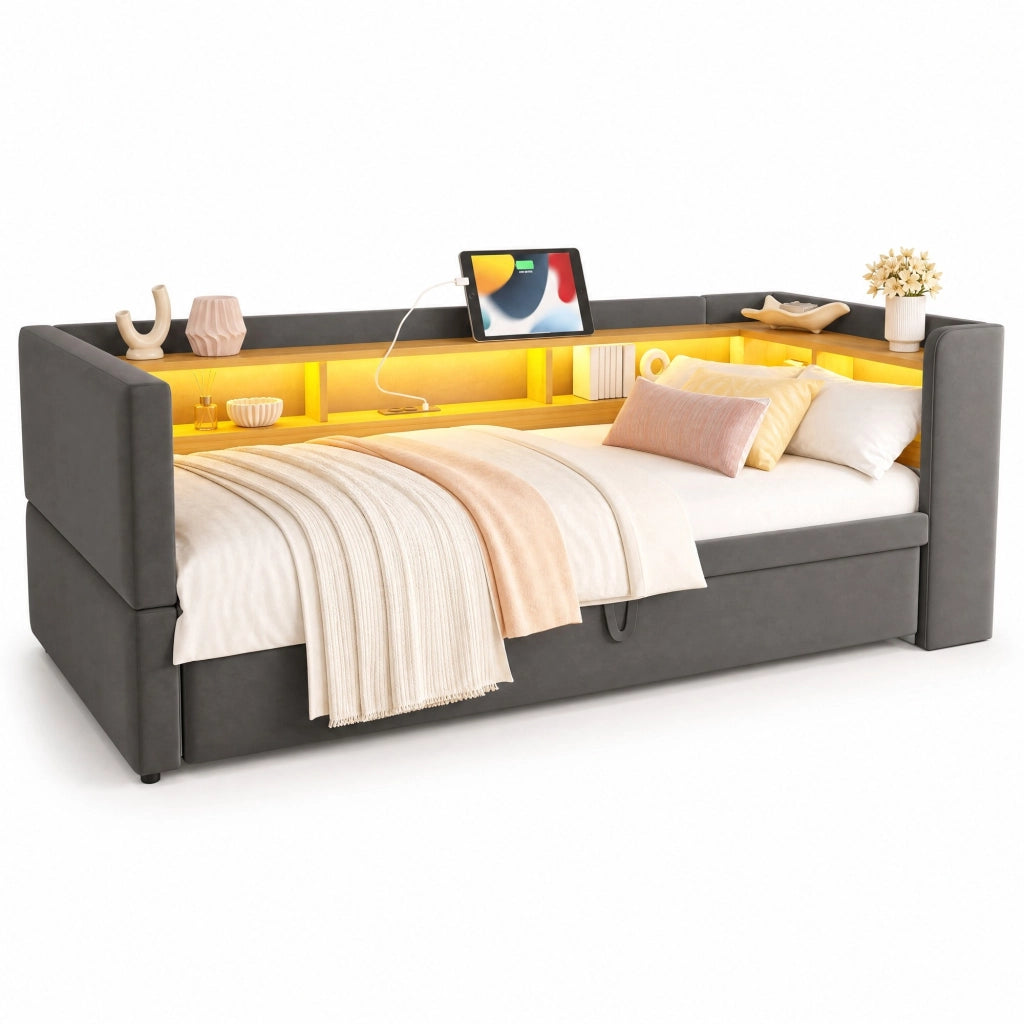 Divano letto imbottito convertibile 90/180 x 190 cm con LED, prese elettriche e vani contenitore, grigio scuro