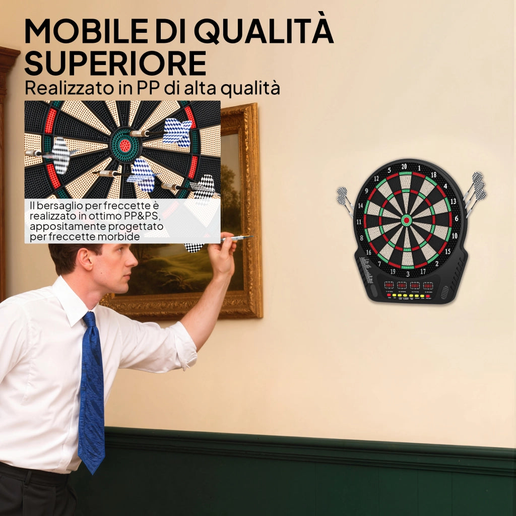 Bersaglio Freccette 44x51,5x3.2 cm con 6 Freccette Alimentatore 4 Display LED e 27 Giochi in ABS e PP Nero