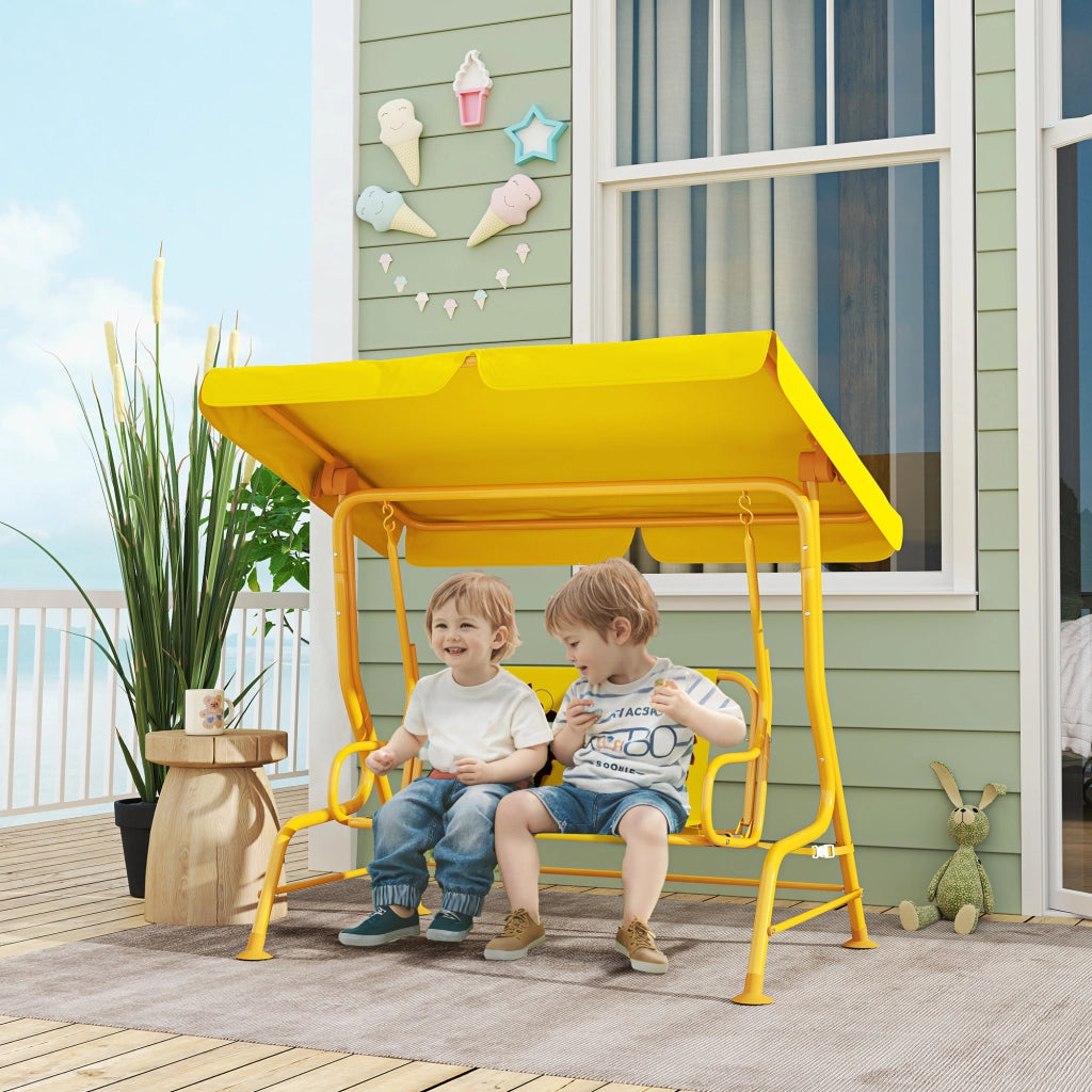 Dondolo per Bambini da Esterno a 2 Posti con Tettuccio Regolabile e Cinture di Sicurezza, 112x75x120 cm, Giallo