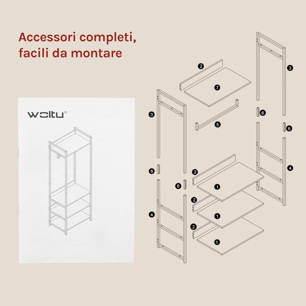 Stand Appendiabiti con Ripiani Attaccapanni per Cameretta Guardaroba con Scarpiera Scaffale Porta Abiti in Legno e Acciaio 60x40x170 cm