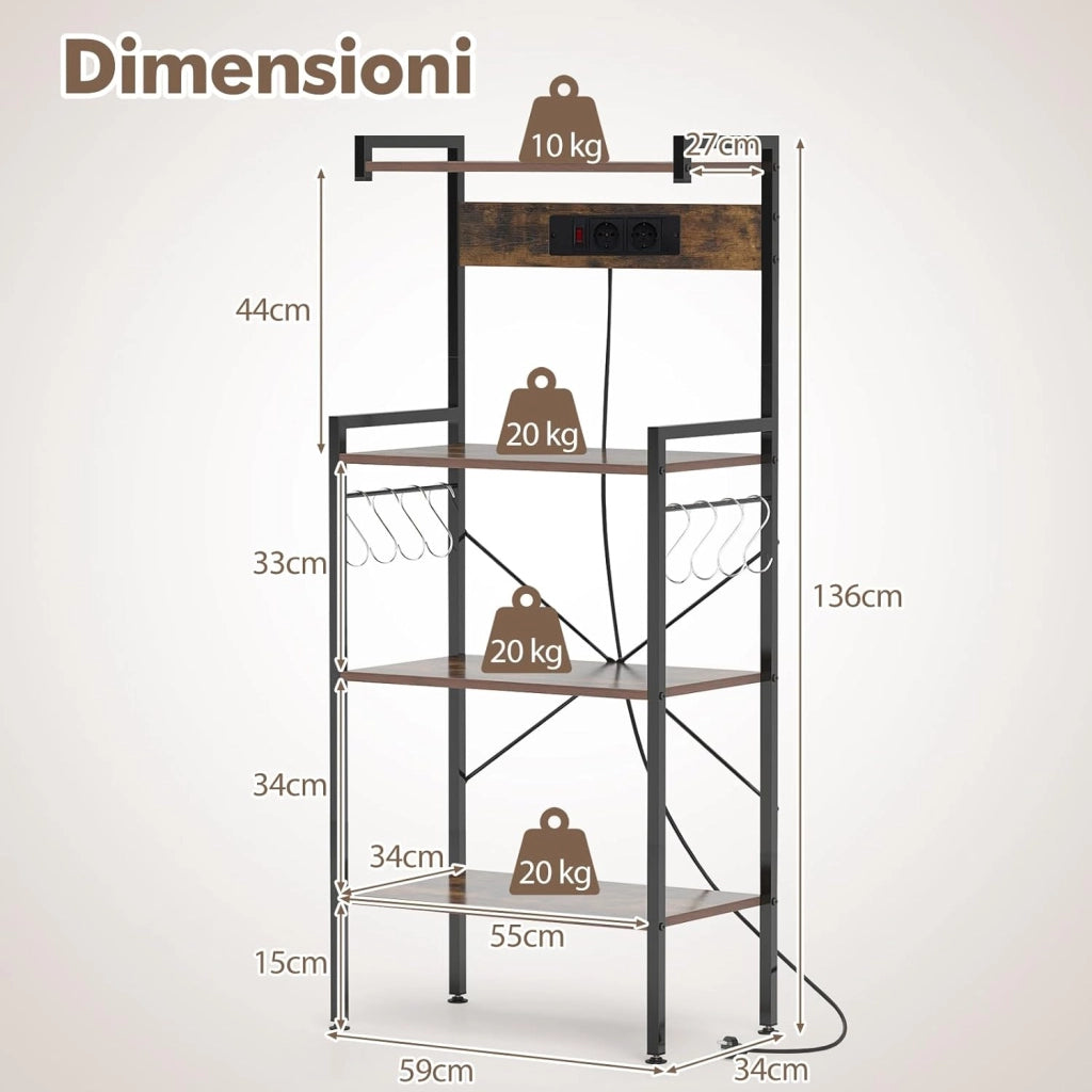 Scaffale da Cucina con Multipresa, Scaffale per Microonde su 4 Ripiani, Mensola da Cucina Struttura in Metallo con 8 Ganci, per Sala Pranzo e Pannettiera, 59 x 34 x 136 cm, Marrone Vintage
