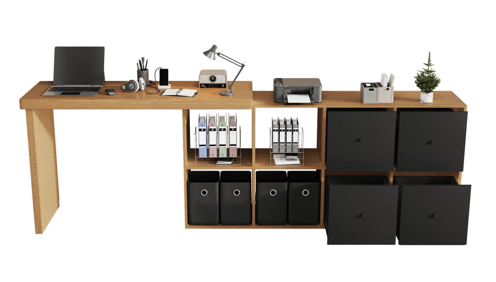 Scrivania angolare girevole 360° con sideboard, MDF, 8 vani, 4 cassetti, nero e rovere