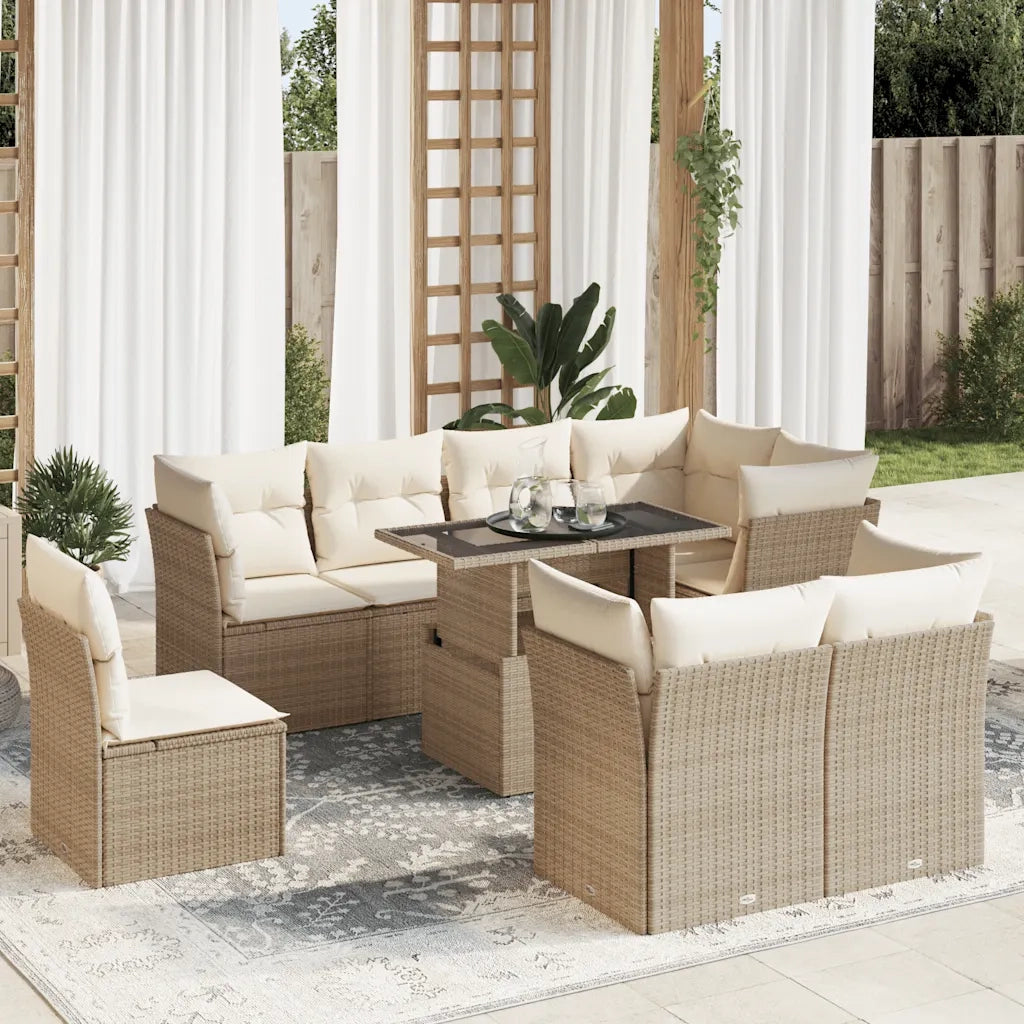 Set Divano da Giardino 9 pz con Cuscini Beige in Polyrattan