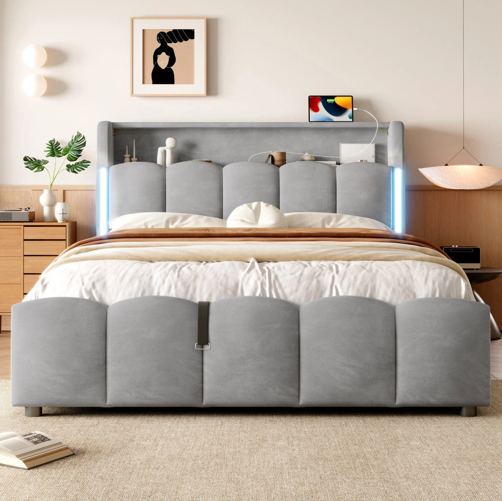 Letto imbottito ULEVR 140x200 cm con contenitore idraulico, LED, USB e Type-C, velluto grigio