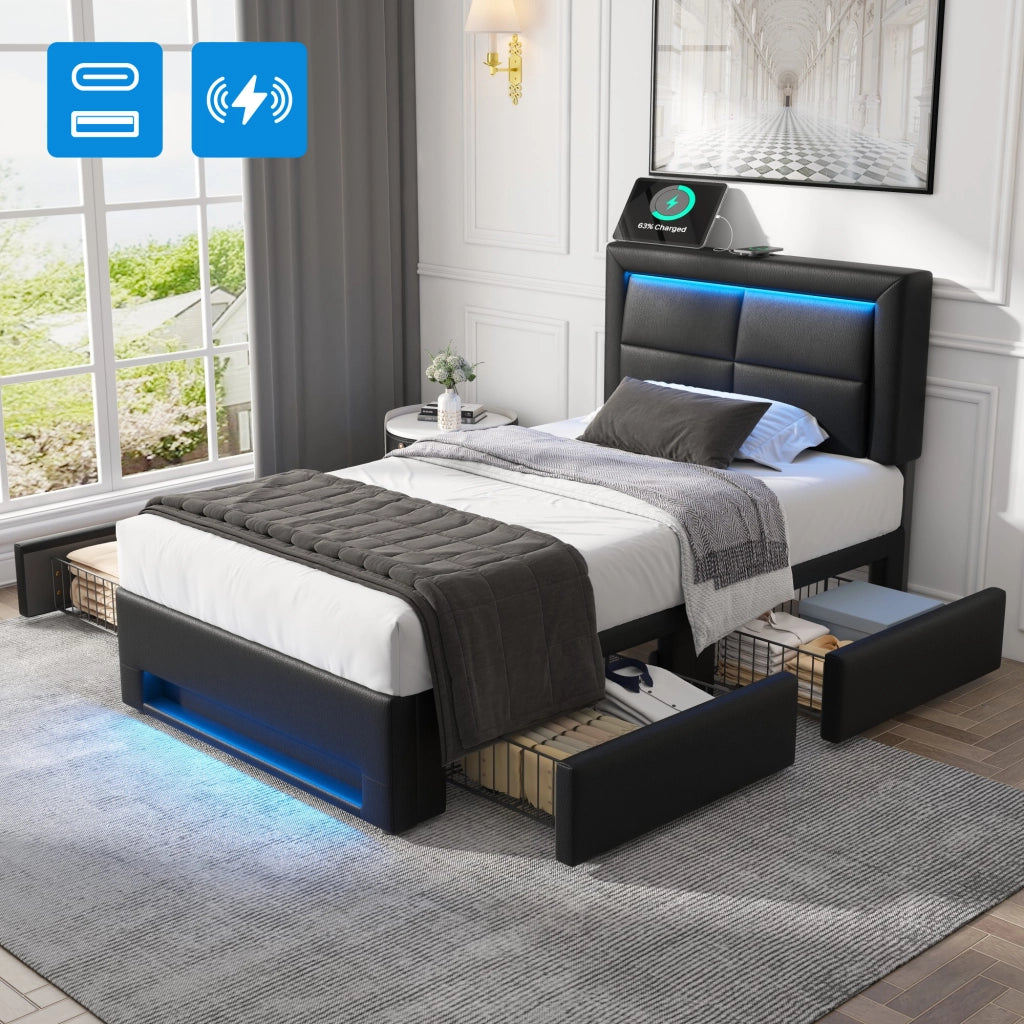 Letto imbottito 90x200 cm con USB, illuminazione LED, 4 cassetti, PU, nero, senza materasso