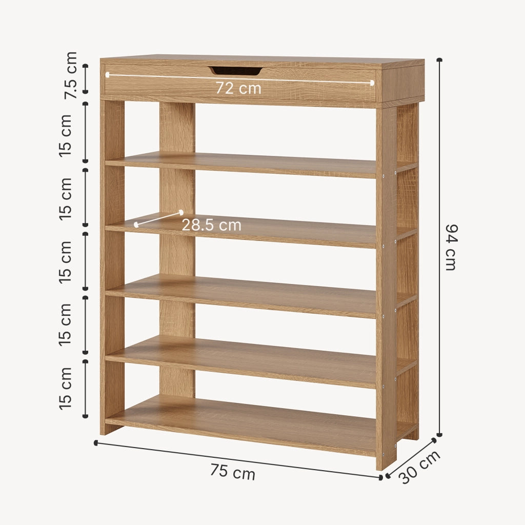Scarpiera Boppeelo Scaffale a 5 Ripiani e Cassetto 94 x 75 x 30 cm - Effetto Rovere Sonoma [en.casa]