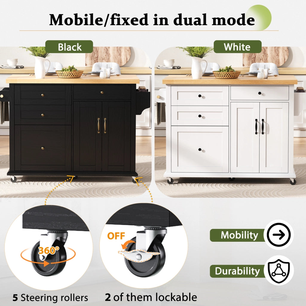 Carrello da Cucina con 2 Ante; Cassetti; Piano Estensibile; Portaasciugamani e Ruote in MDF 107 x 45-70 x 90.5 cm Nero e Naturale