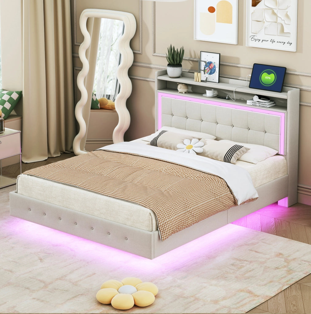 Letto imbottito matrimoniale 140x200 con USB e LED; beige