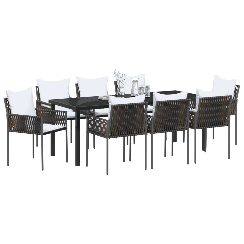 Set da Pranzo da Giardino da 9 Pezzi con Cuscini Marrone in Rattan Polimerico