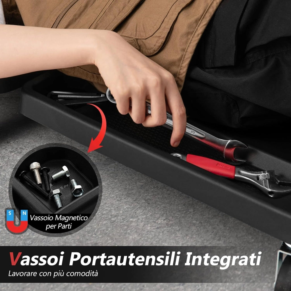 COSTWAY Carrello Sotto Auto Pieghevole, Lettino Sottomacchina da Meccanico con Poggiatesta Imbottito e Vassoio Portautensili, Portata 158 kg, Sdraio da Officina con Ruote per Garage e Riparazioni Auto