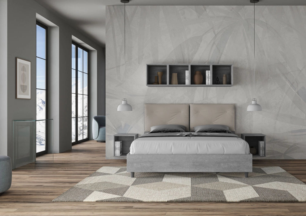Letto Matrimoniale 160x200 cm con Rete Struttura Cemento con Cuscini in Similpelle Egos Appia Tortora