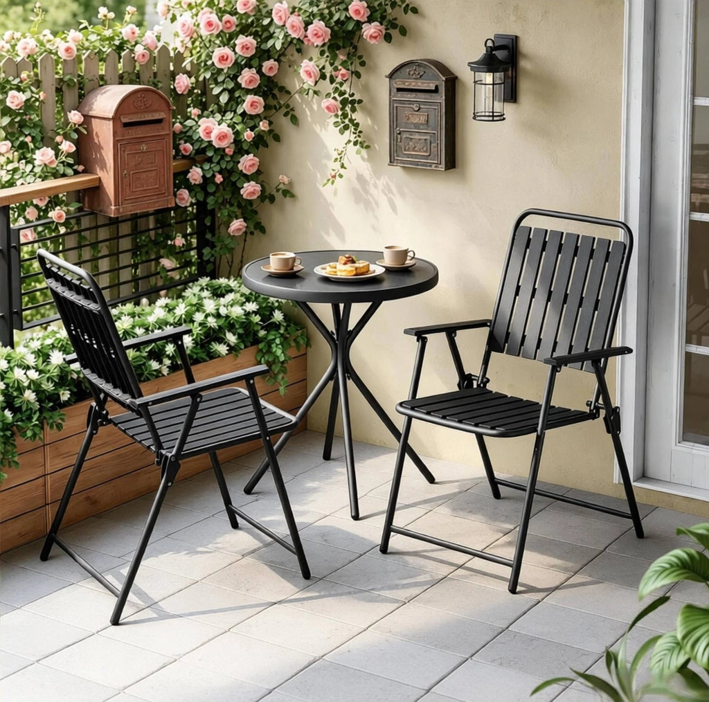 Set tavolo e sedie da giardino 3 pezzi pieghevole in metallo e vetro temperato; nero
