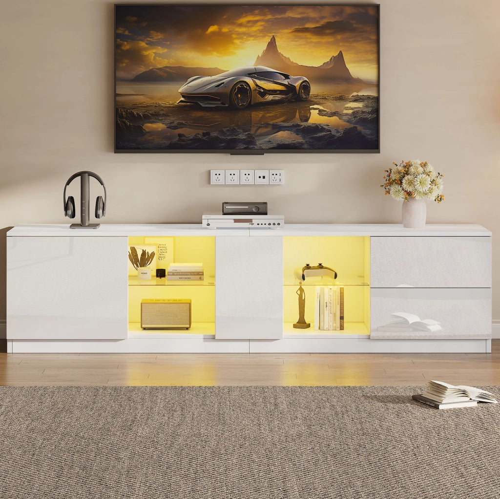 Mobile TV bianco lucido 160x40x52 cm con LED, 2 cassetti e anta