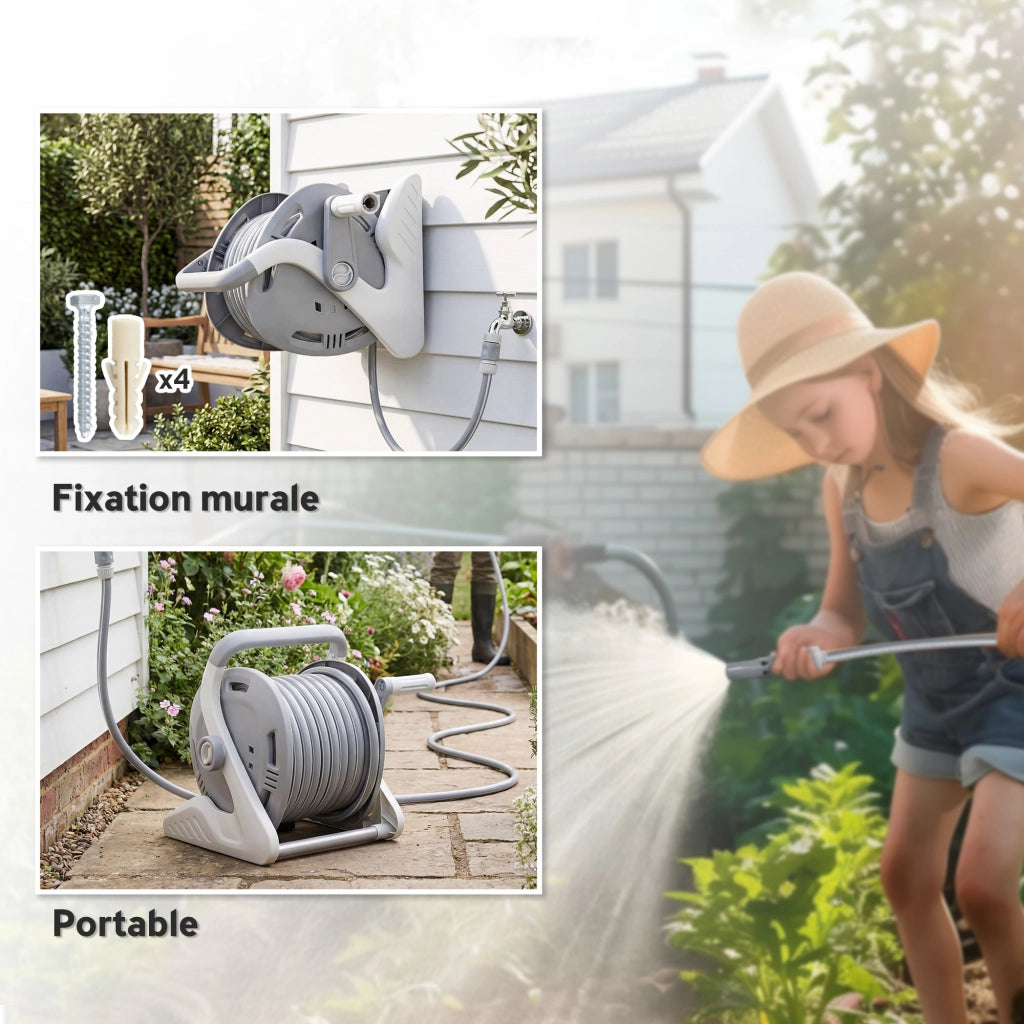 Avvolgitubo da Giardino a Muro 20+2m ¨C Xylo ¨C Grigio ? 15mm con Ugello 2 Modi