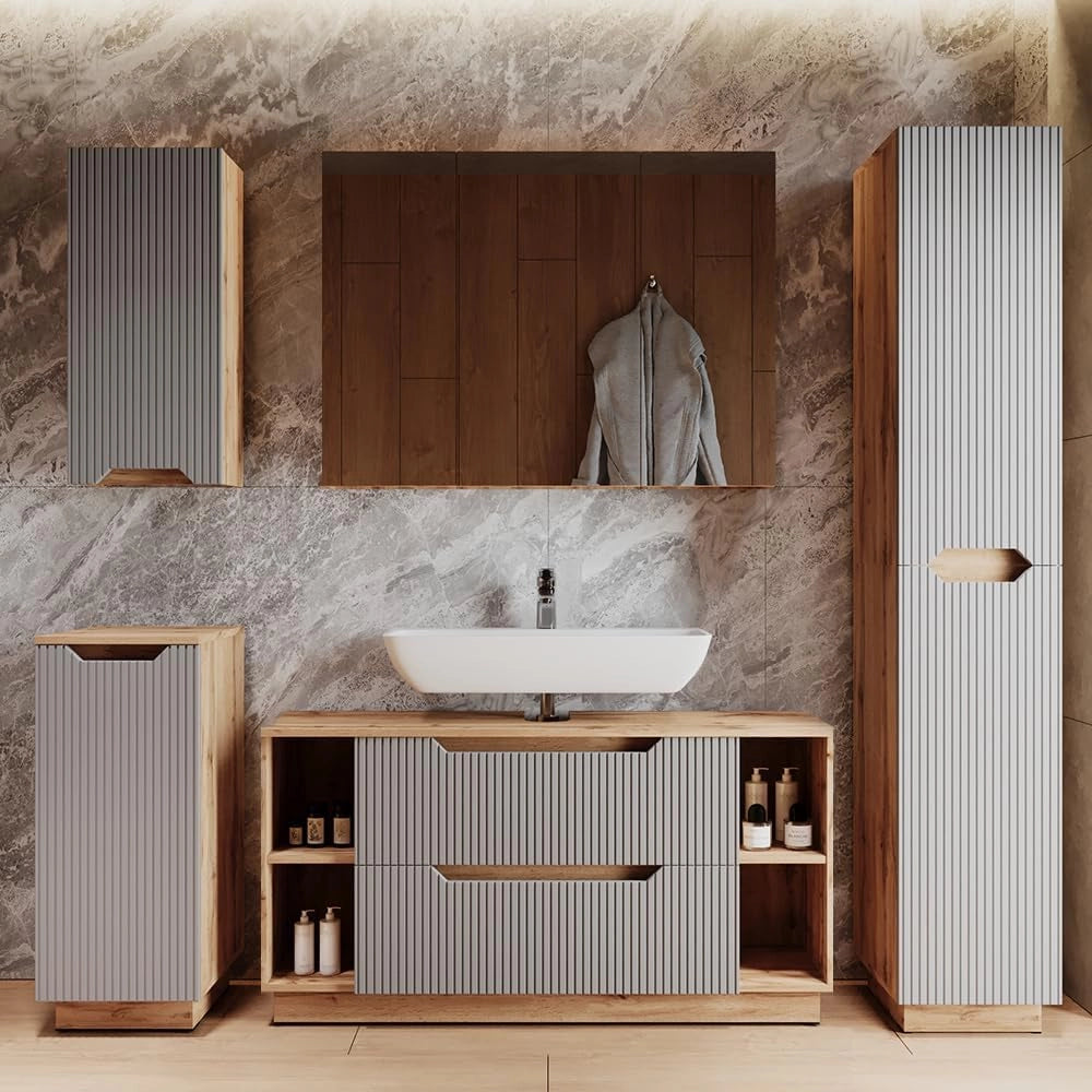 Set di mobili da bagno Lotta, Rovere/grigio a righe, 5 parti