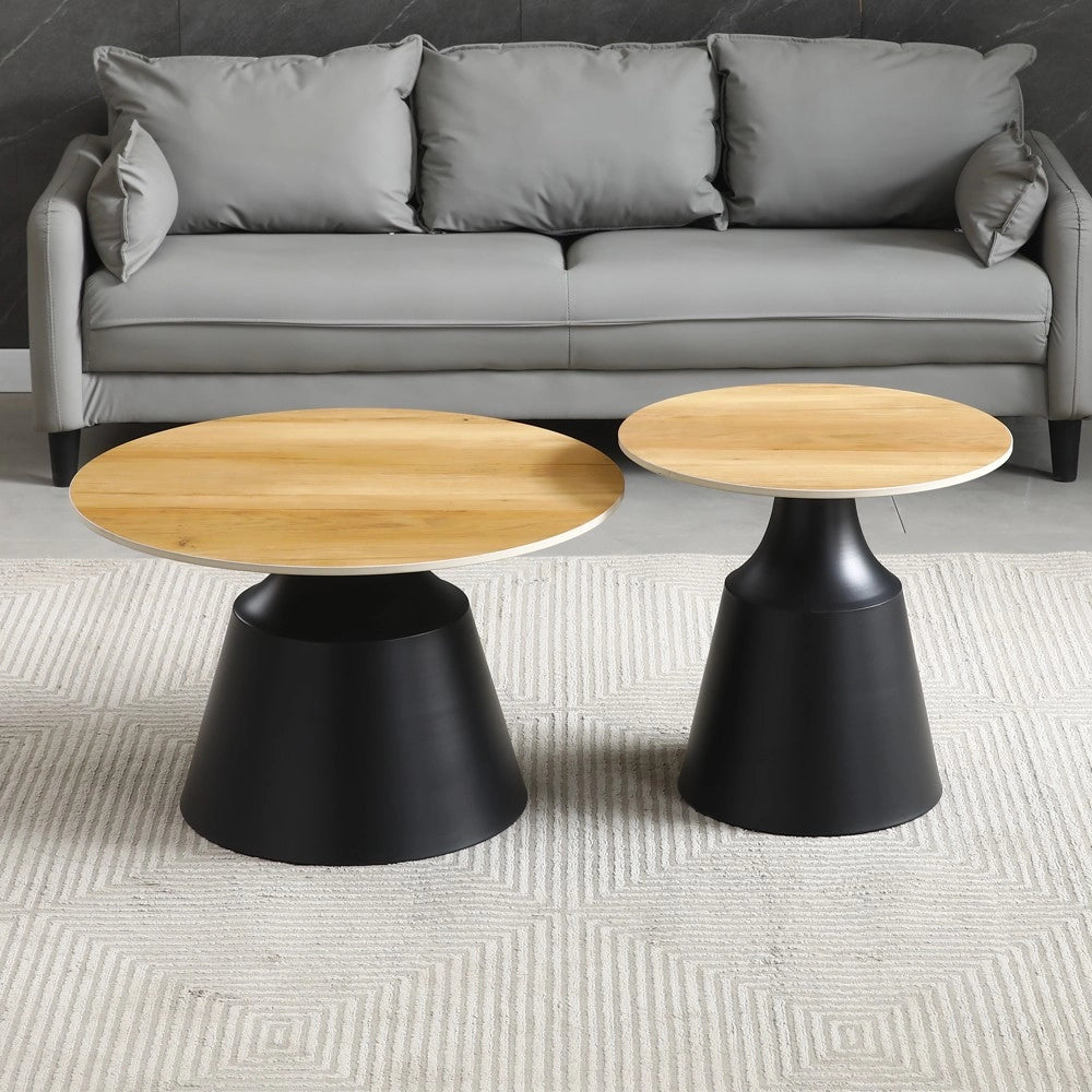 Set Tavolini Dual Rotondi in Ceramica e MDF rovere con Struttura in Metallo Nero – Coppia Tavoli Salotto Moderni
