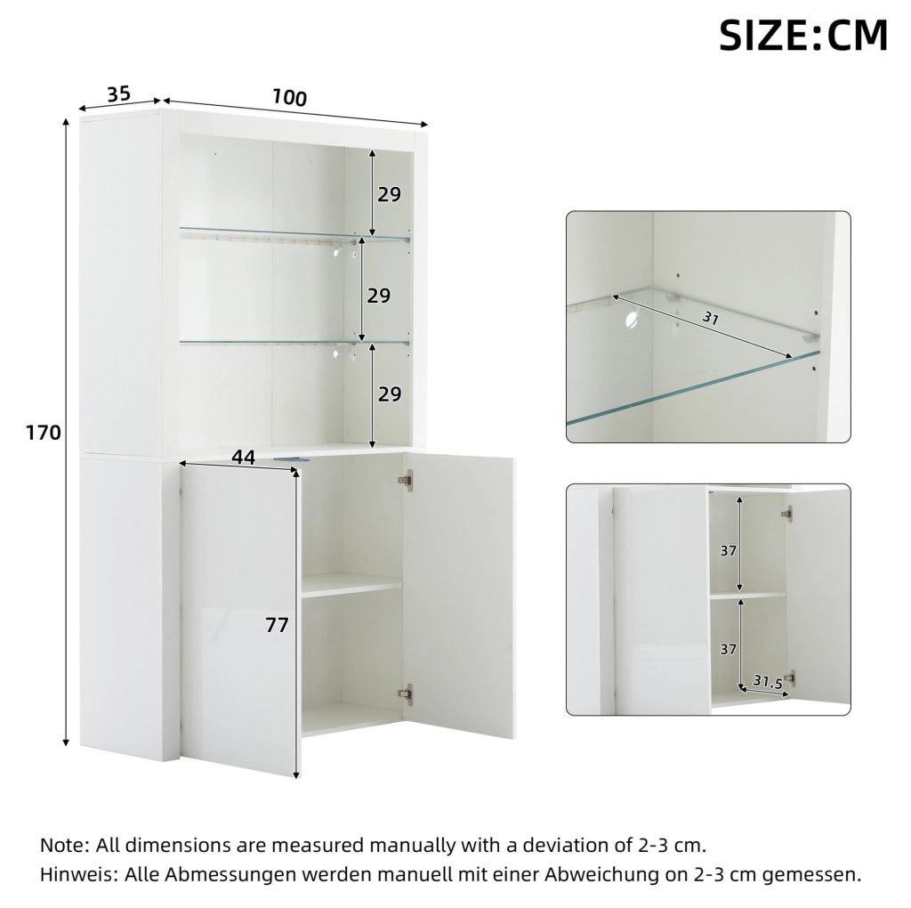 Vetrina LED 100x35x170 cm in MDF bianco con ripiani e vetro temperato