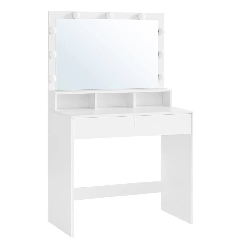 Toeletta con specchio tavolo da trucco con 9 lampadine LED orientabili 2 cassetti e 3 vani portaoggetti stile moderno bianco 12_0005169