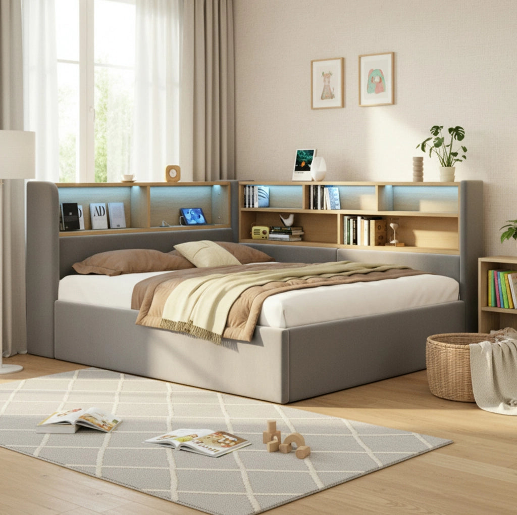 Letto imbottito 140x200 cm con contenitore idraulico; LED; USB e Type-C in velluto grigio
