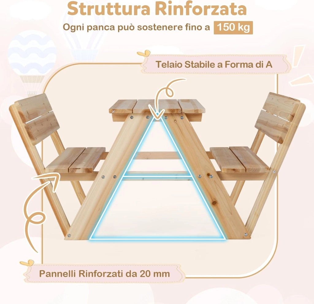 Tavolo da Picnic per Bambini in Legno con 2 Panche Integrate | Set di Tavolo e Sedie per Attività all'Aperto, Mobili per Bambini 3+ Anni per Cortile, Patio e Giardino