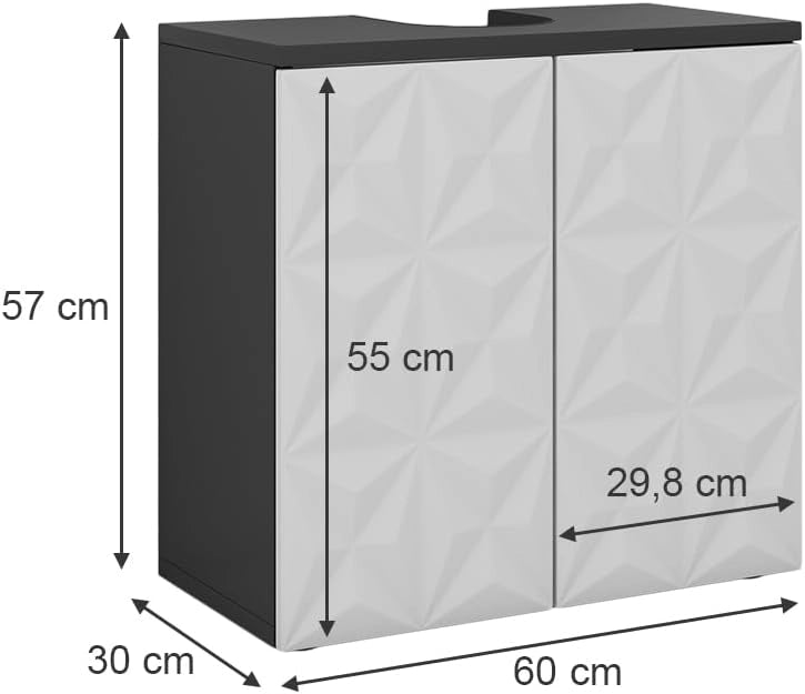 Mobile sottolavabo per bagno Edge, Nero, 60 x 57 cm con 2 porte, per la conservazione in bagno con meccanismo push-to-open