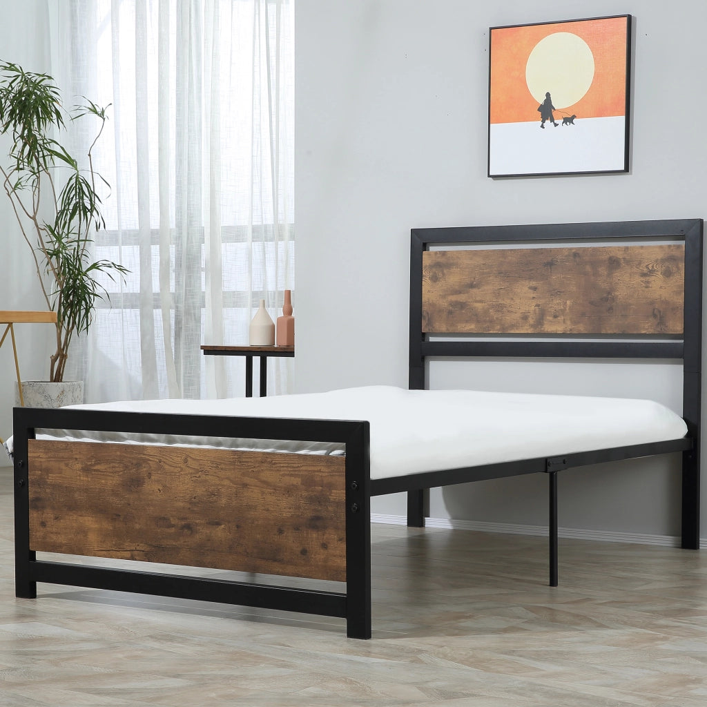 Struttura Letto Singolo in Legno e Acciaio con Doghe in Stile Industriale, 90x200cm