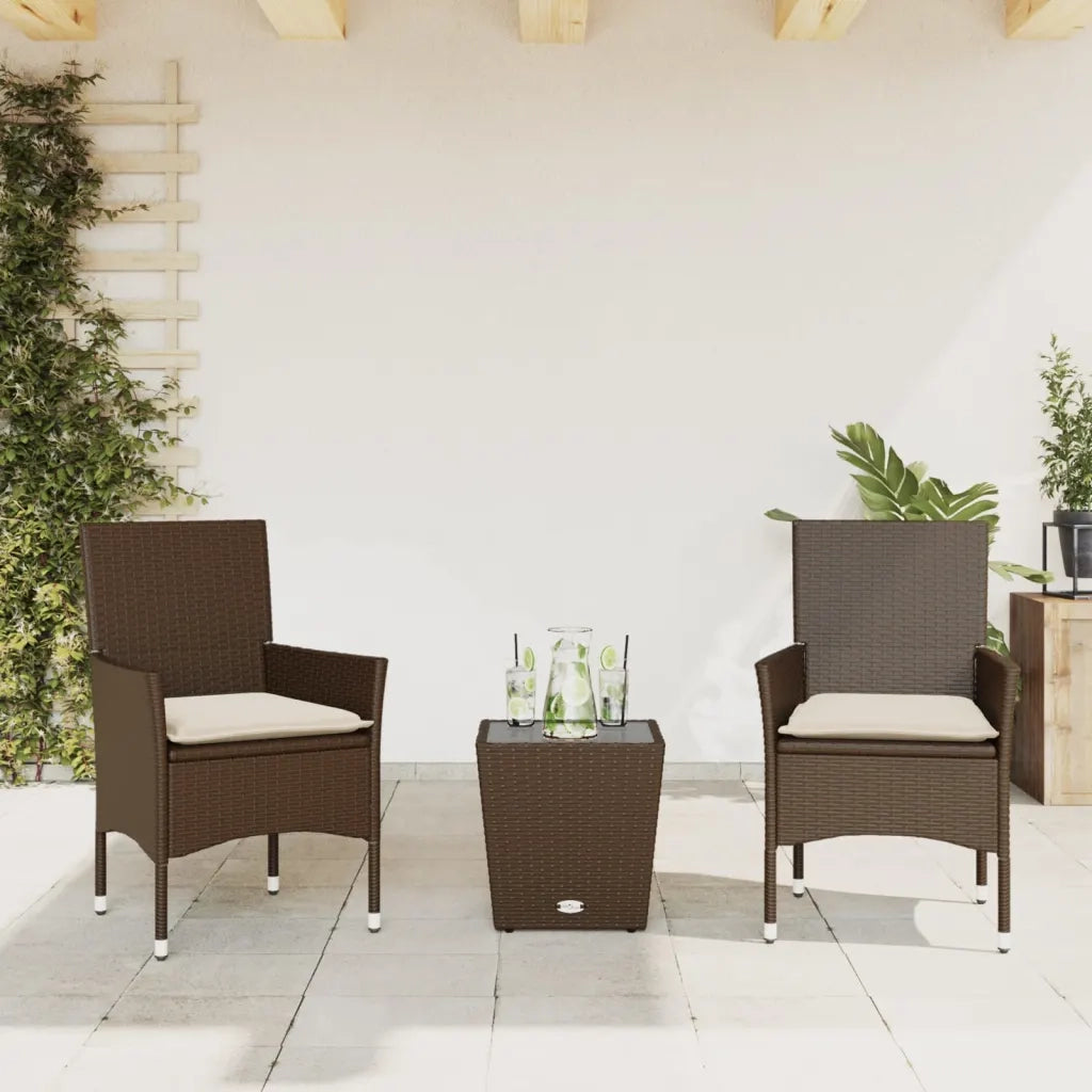 Set Bistr¨° 3 pz | Set Salotto da Giardino con Cuscini Marrone Polyrattan e Vetro