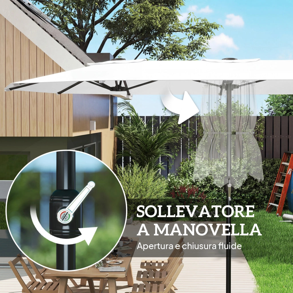 Ombrellone Doppio a 12 Stecche con Manovella, in Metallo e Poliestere, 4.6x2.7 m, Bianco